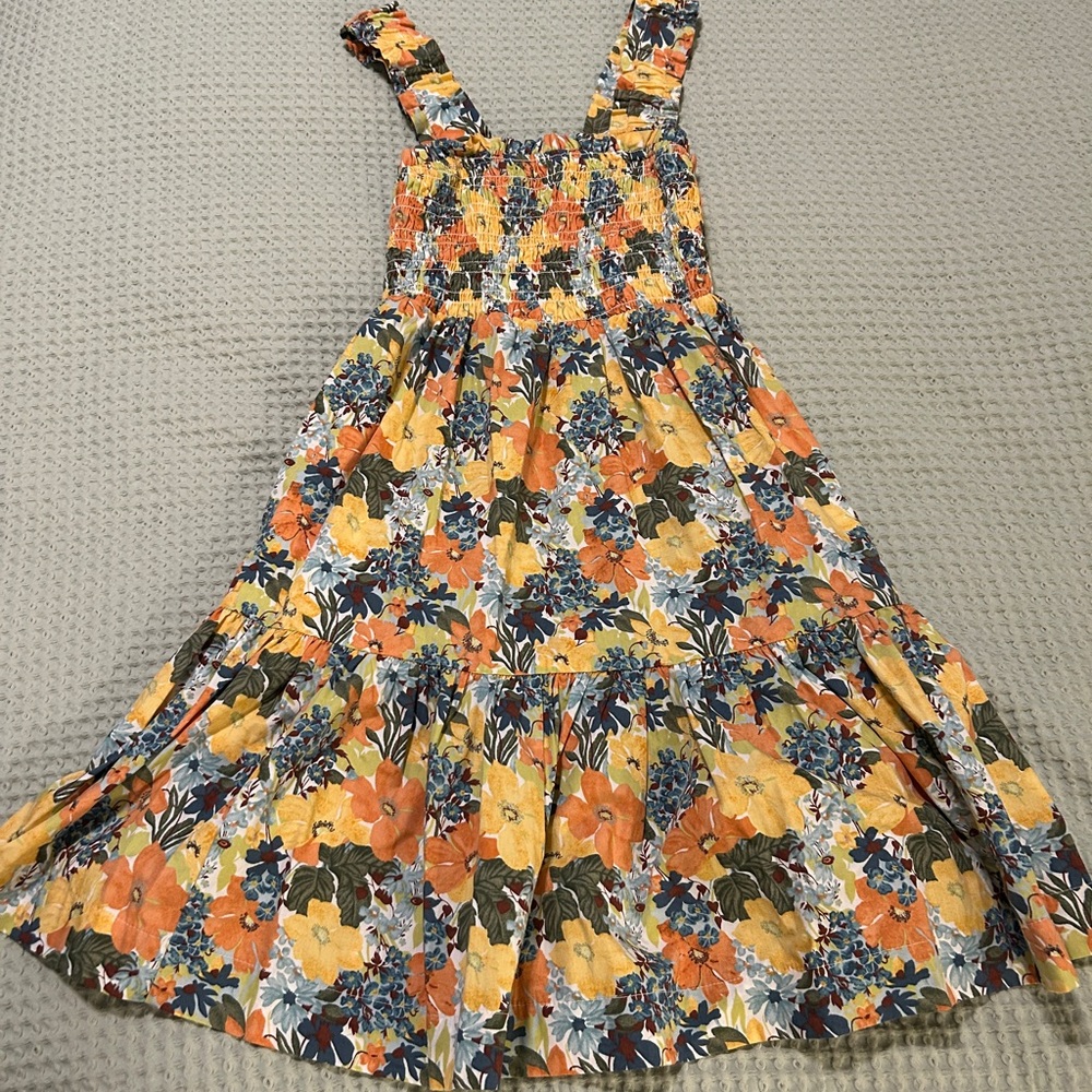 Floral smoked Dress in blue Orange and Yellow